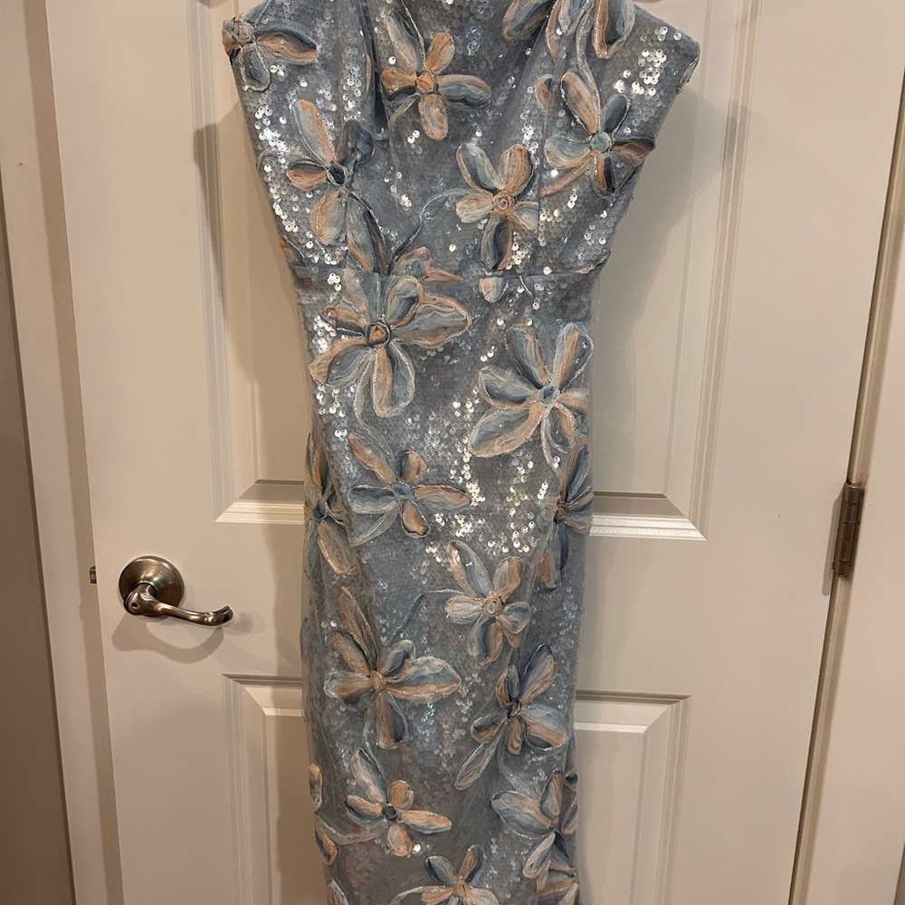 Milly Blue and Beige Floral Sequin Midi Dress